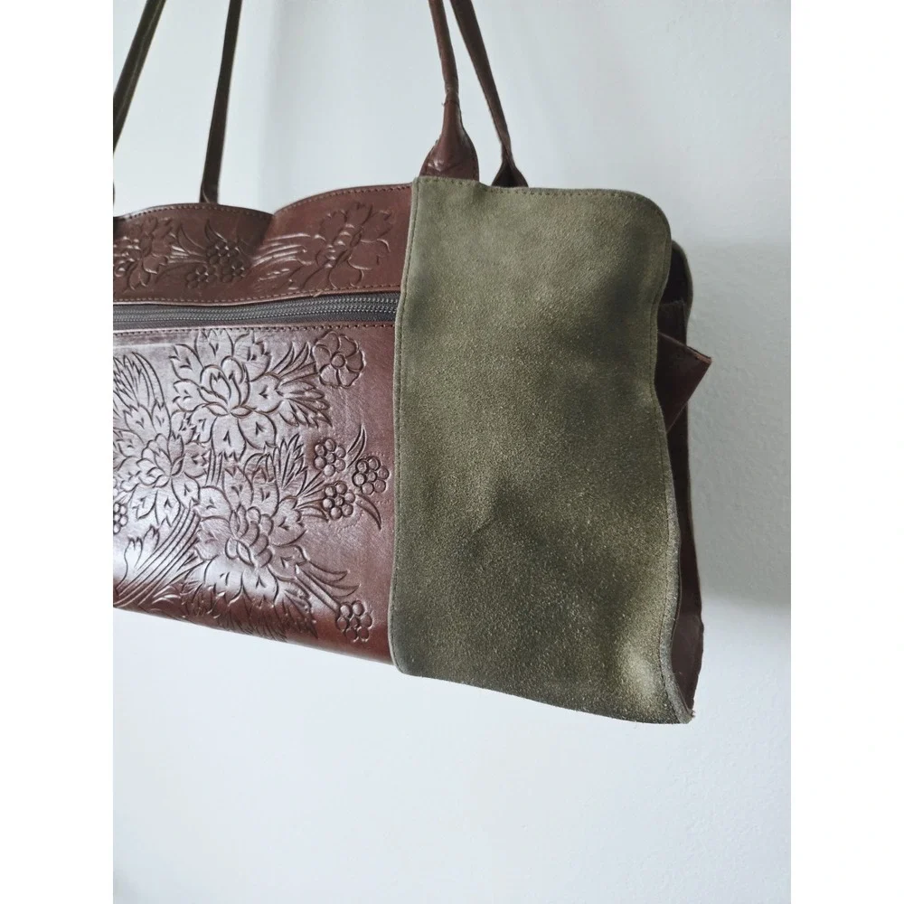 Leaders in Leather Purse Tooled Brown Leather‎ Green Suede Bag Floral Pattern